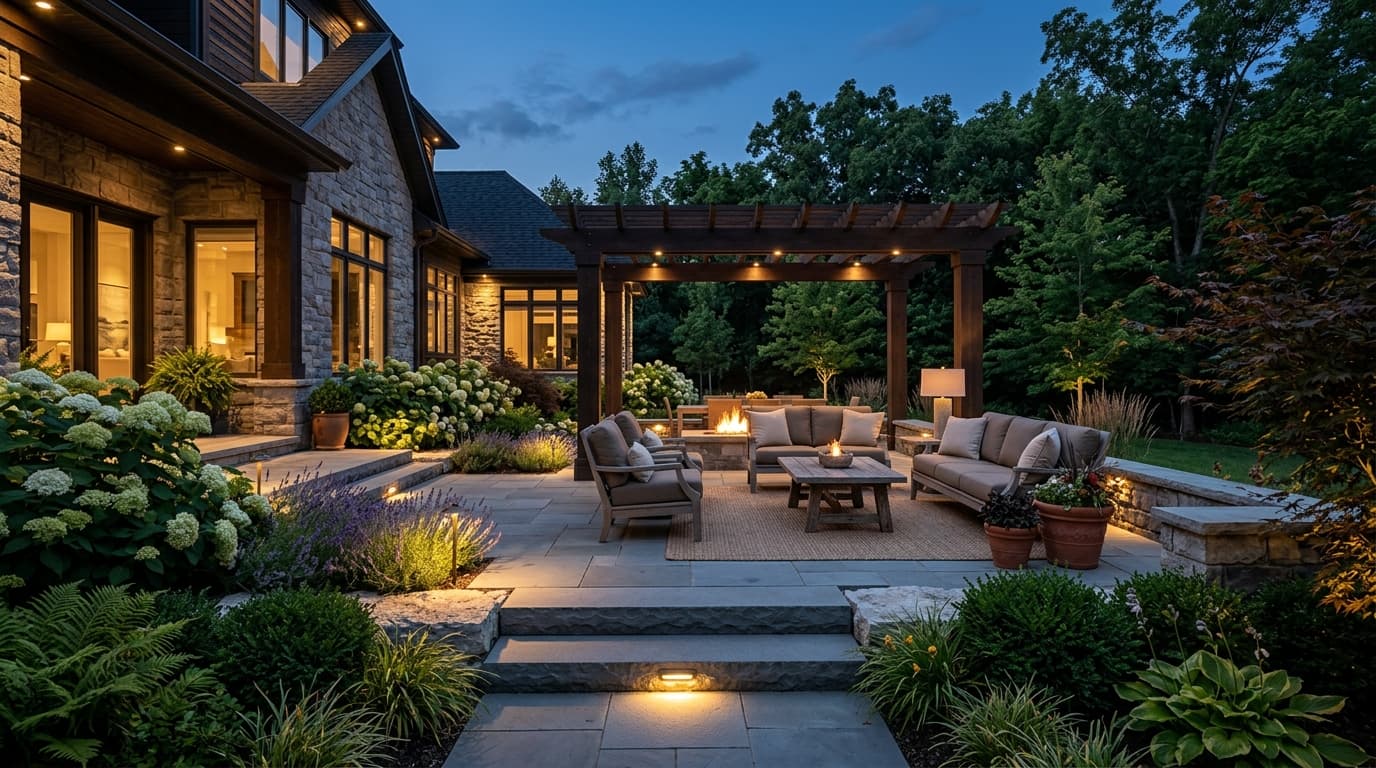 Warm backyard patio lighting at dusk with layered low-voltage fixtures
