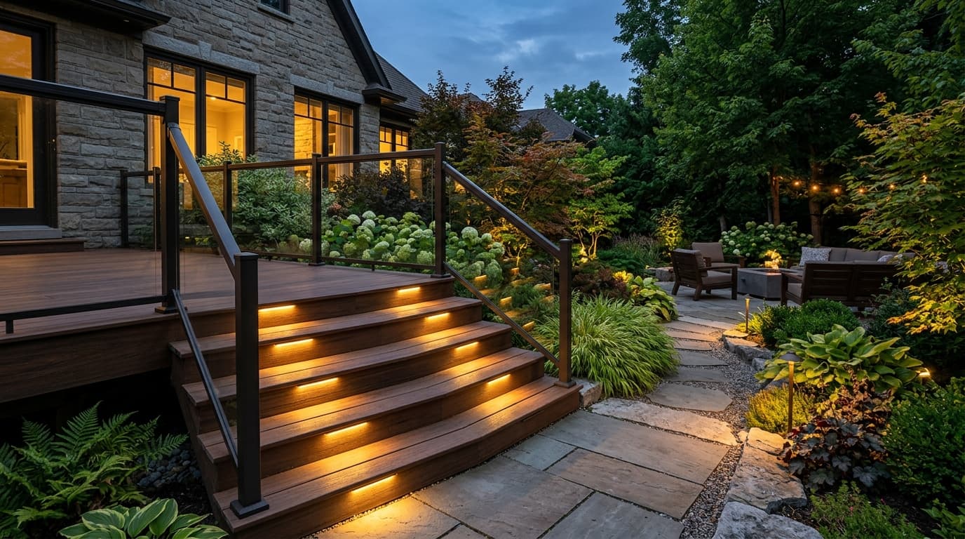 Outdoor step lighting installation detail on residential stairs at dusk