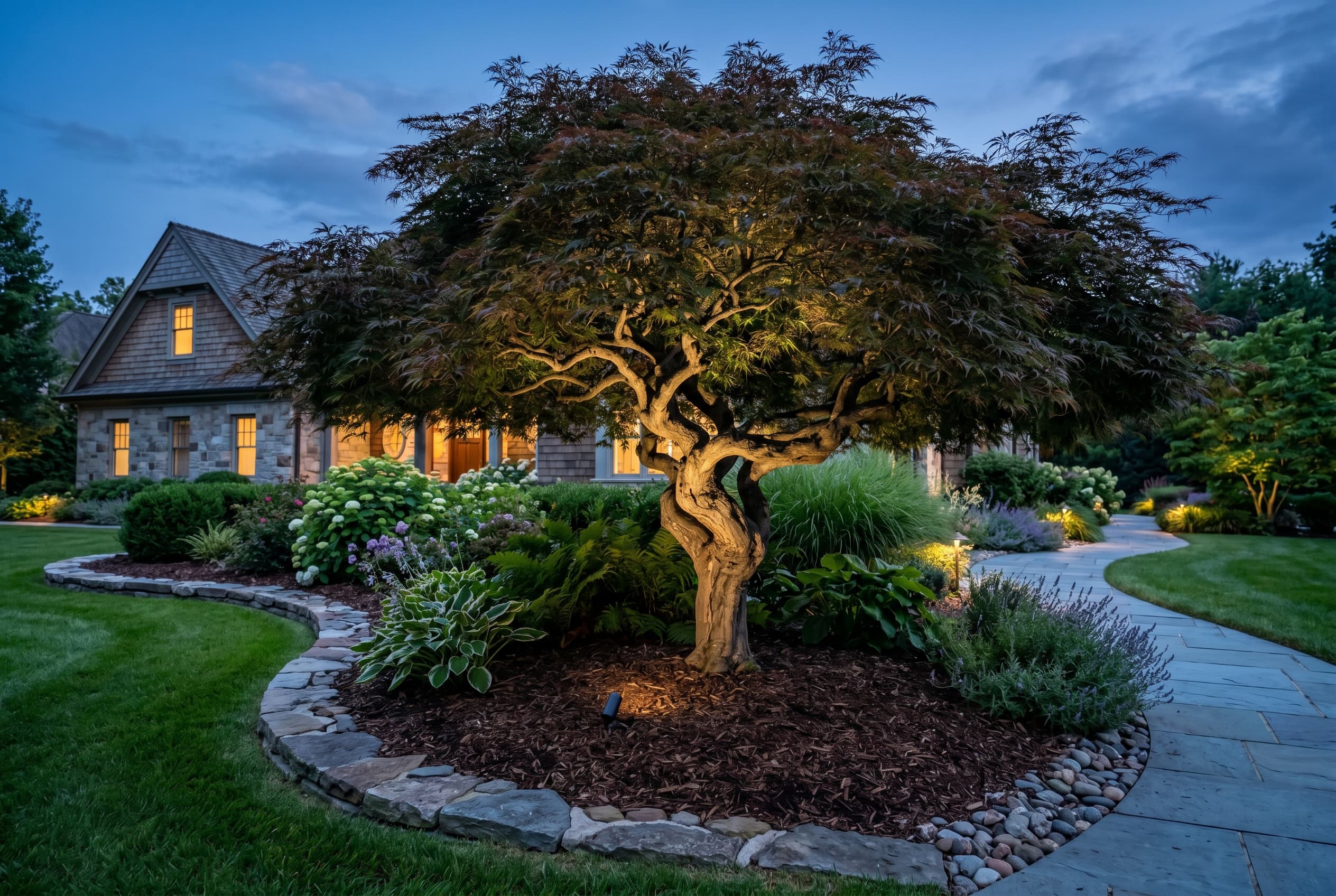 Mature tree illuminated with subtle warm uplighting in a landscaped yard