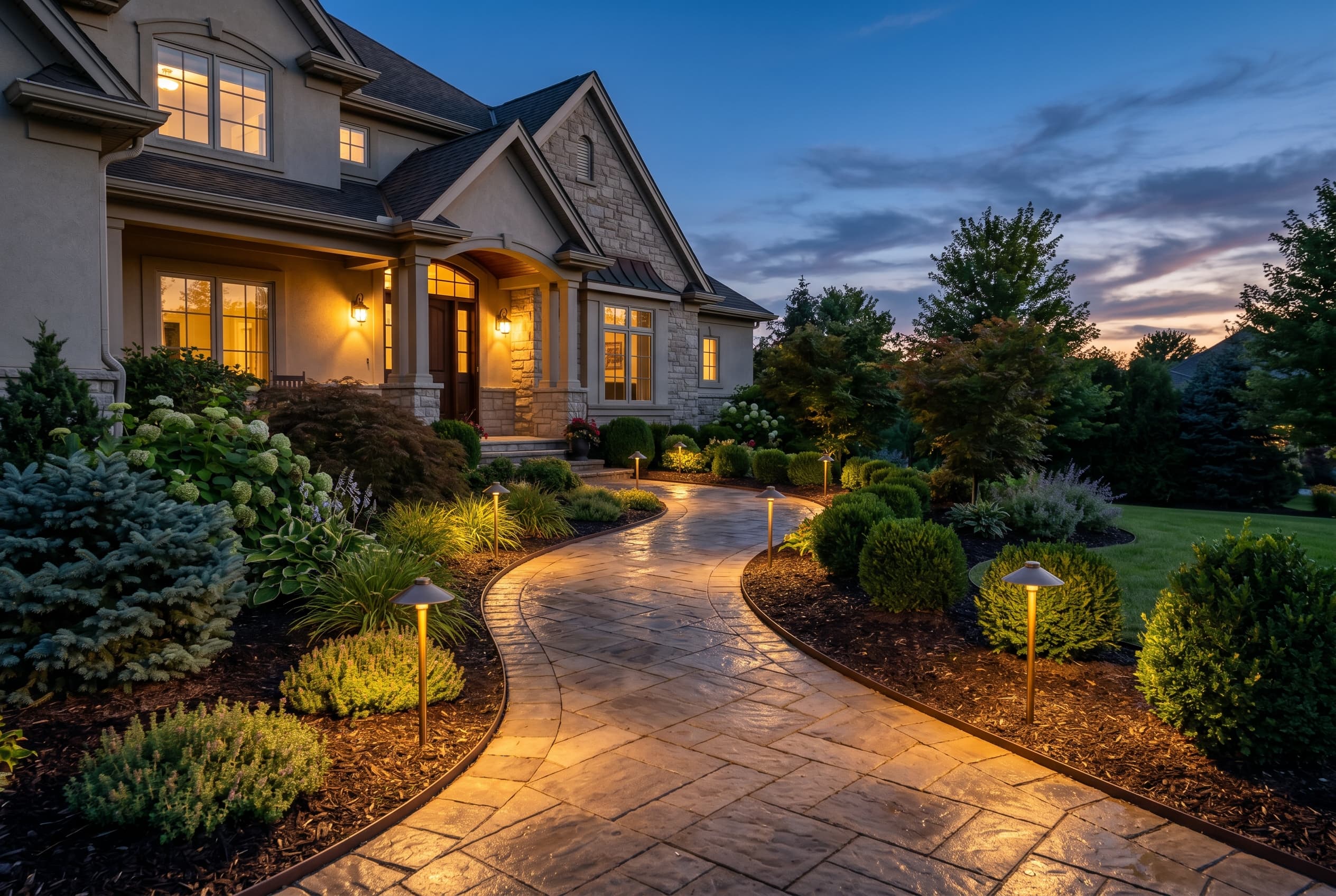 Warm residential walkway lighting with staggered path lights at dusk
