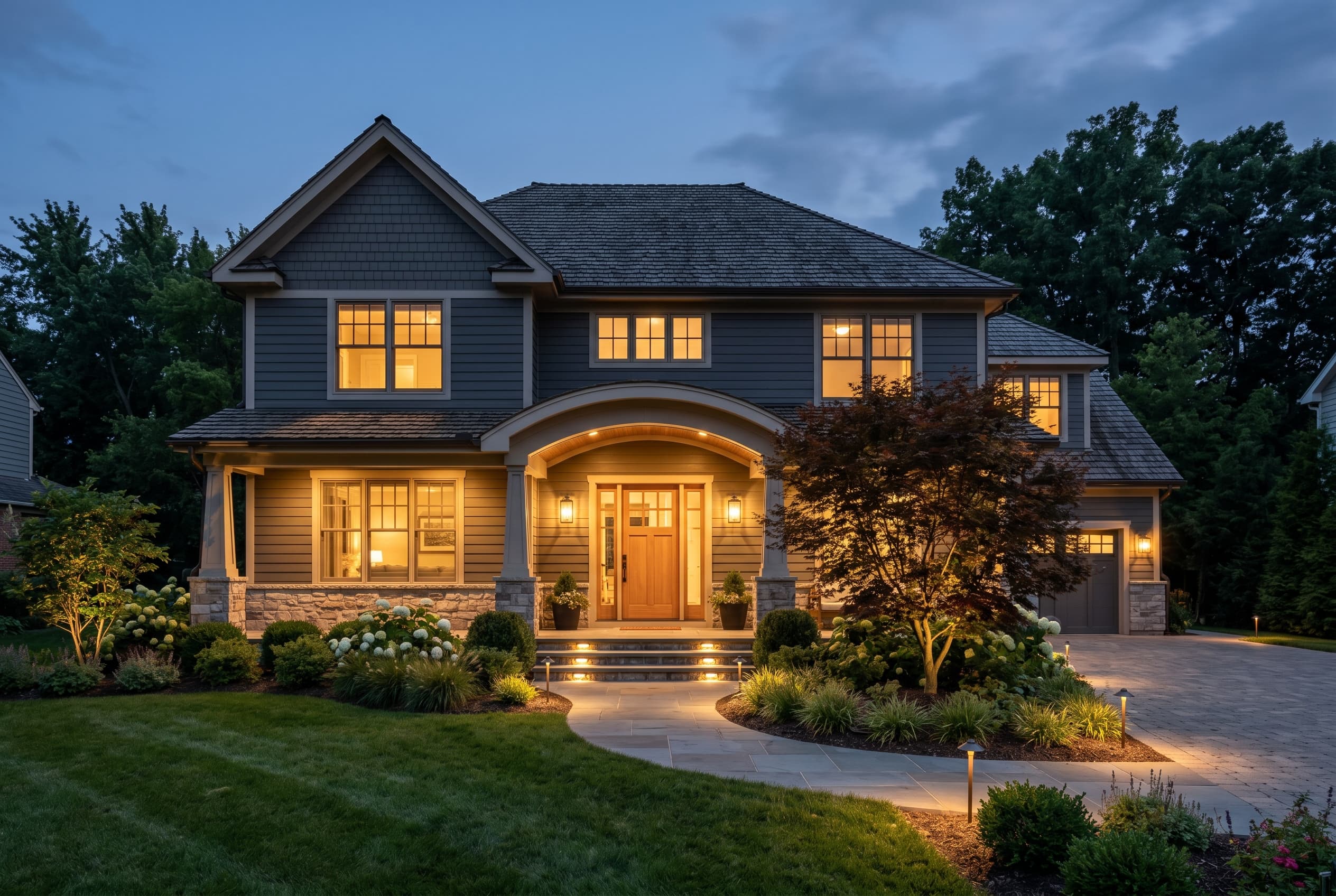 Side-by-side style outdoor scene showing inviting warm lighting on a home exterior
