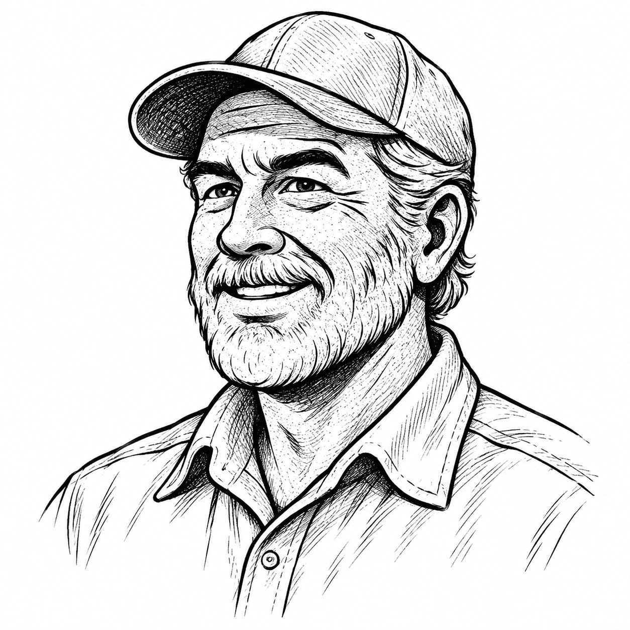 Black-and-white line portrait of Ray