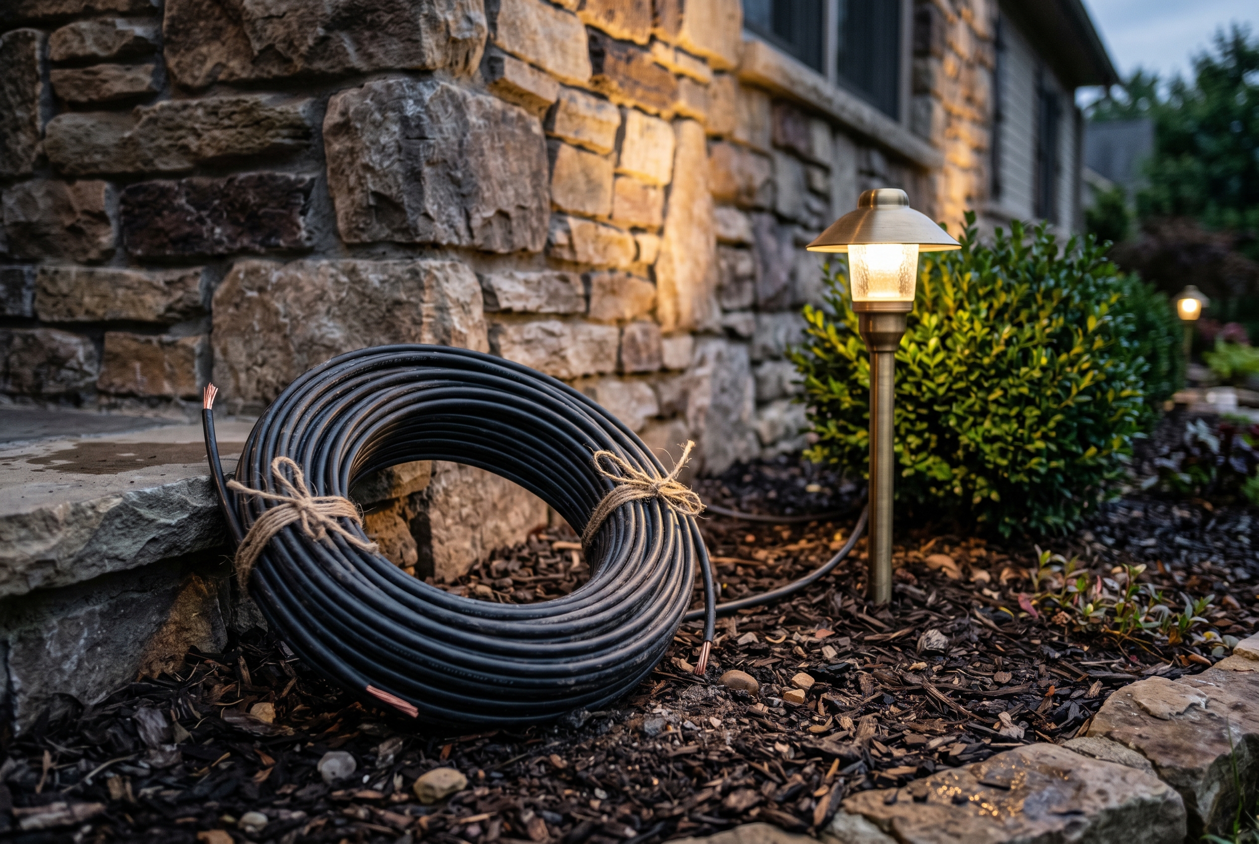 Coiled low-voltage landscape lighting cable beside a neat outdoor lighting installation