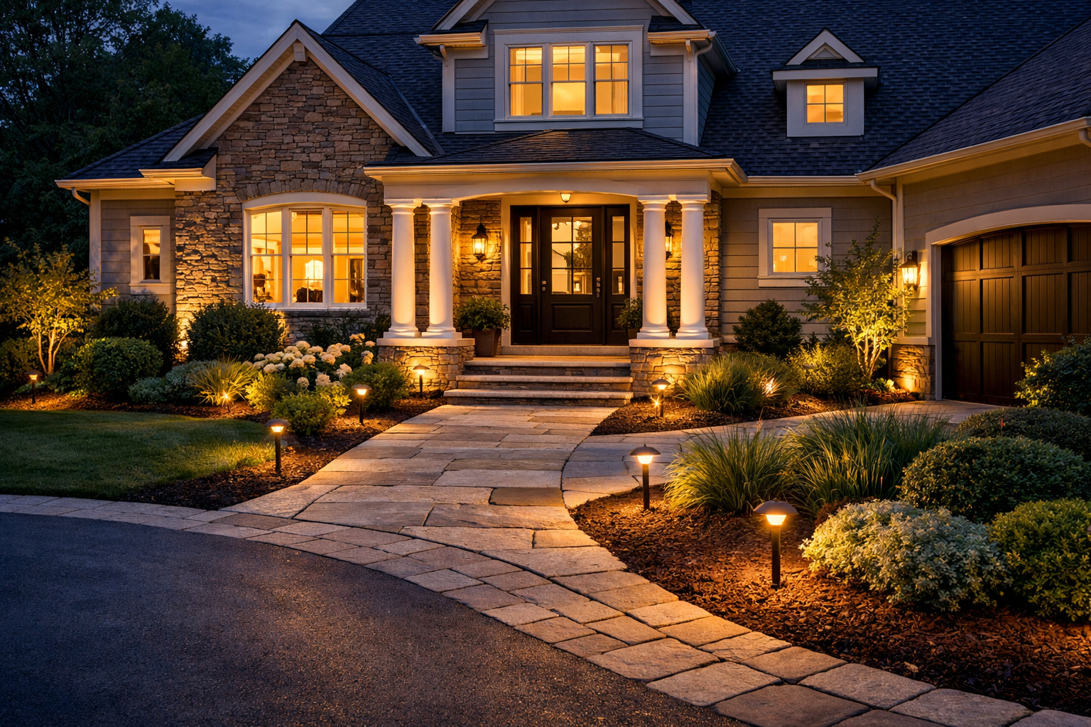 Warm front entry and driveway approach lighting at dusk