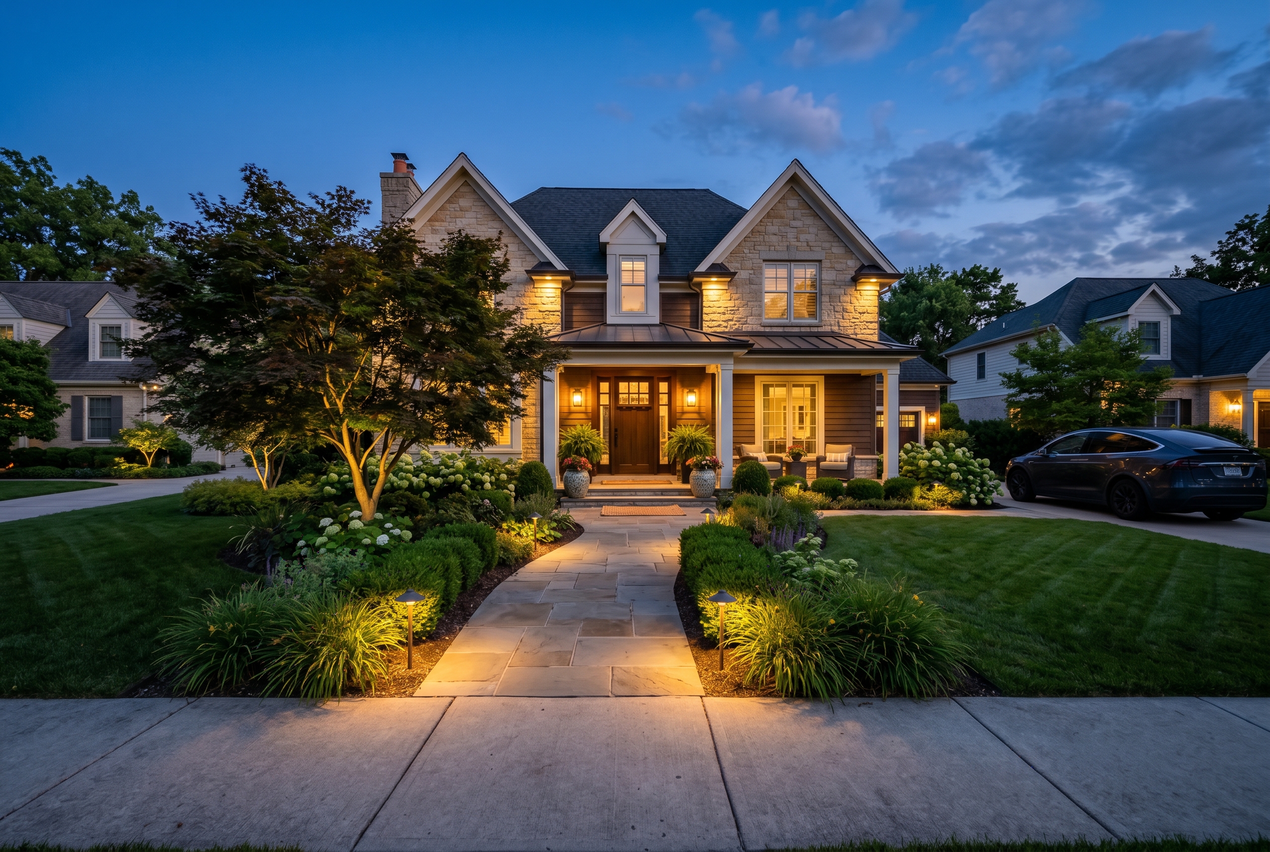 Warm flower-bed landscape lighting around a residential front yard at dusk