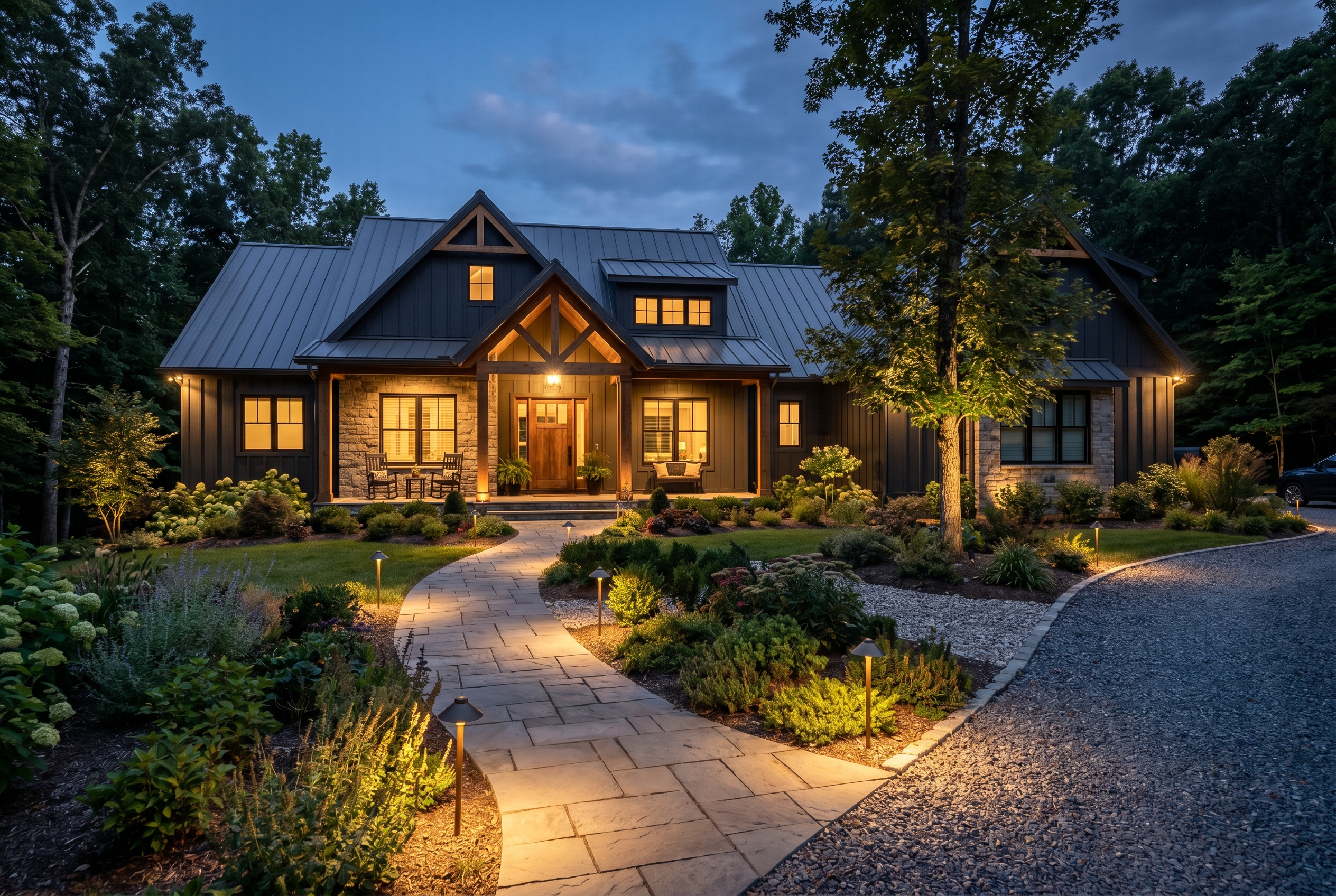 Residential landscape lighting system with multiple warm path and accent lights around a home