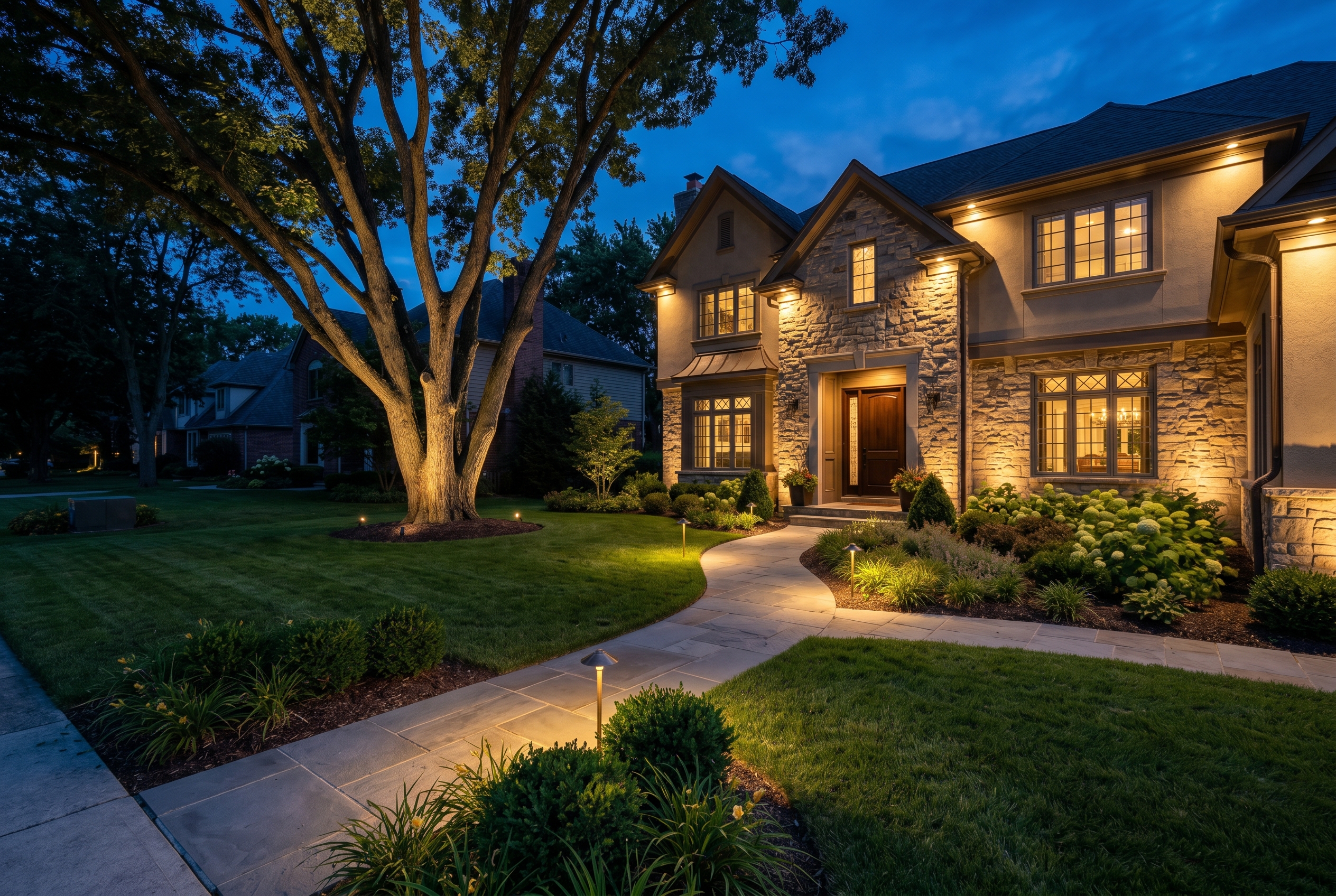 Elegant front yard with layered landscape lighting at dusk