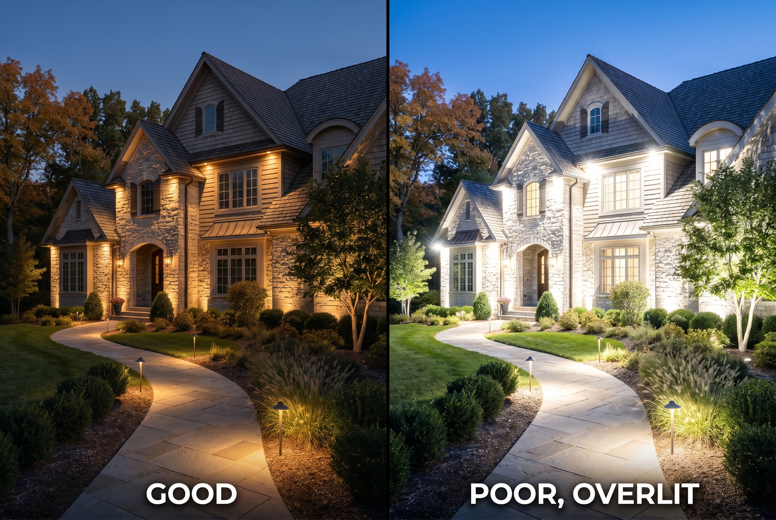 Well-designed residential yard at dusk showing balanced landscape lighting without harsh glare
