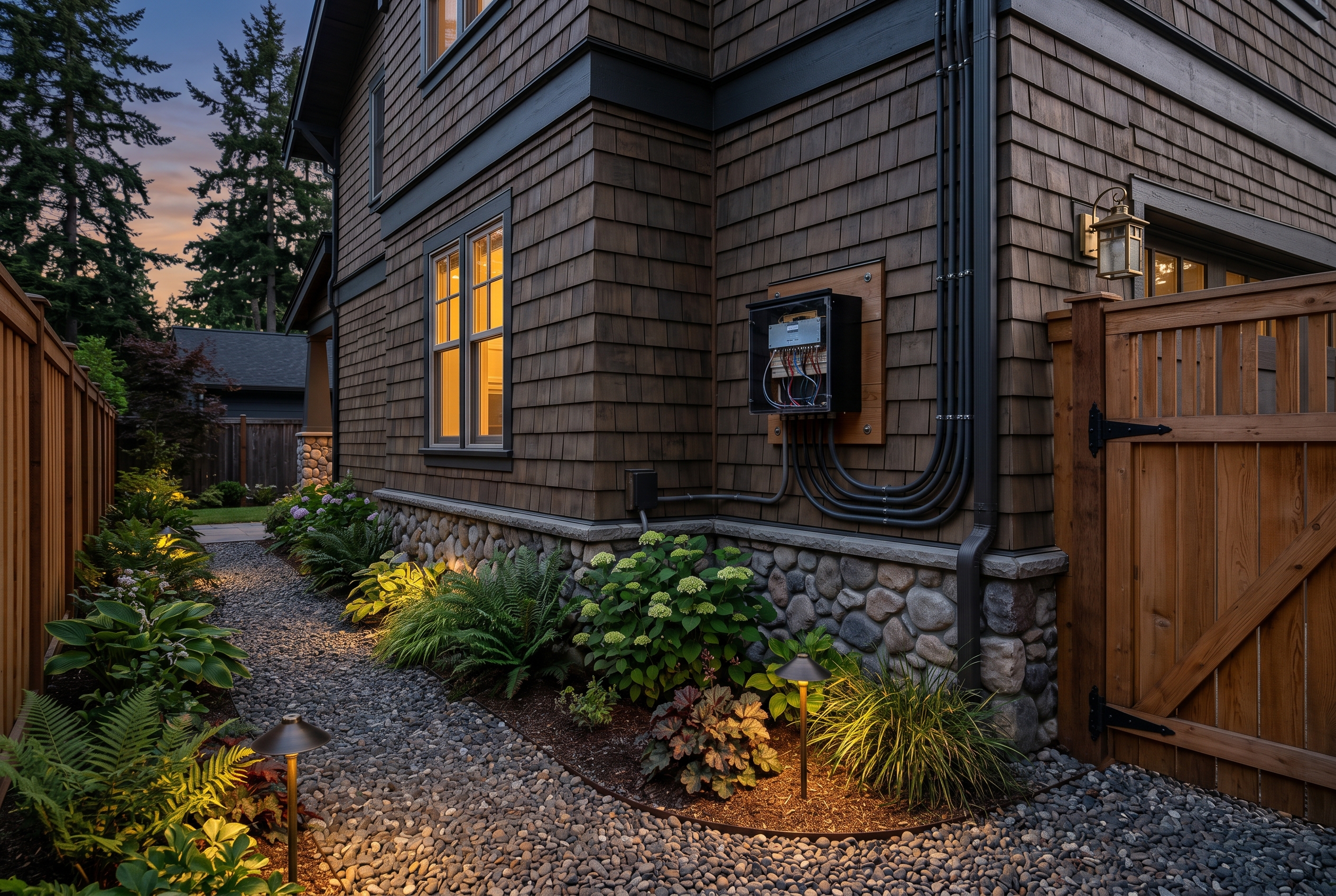 Low-voltage landscape lighting transformer mounted neatly beside a home exterior
