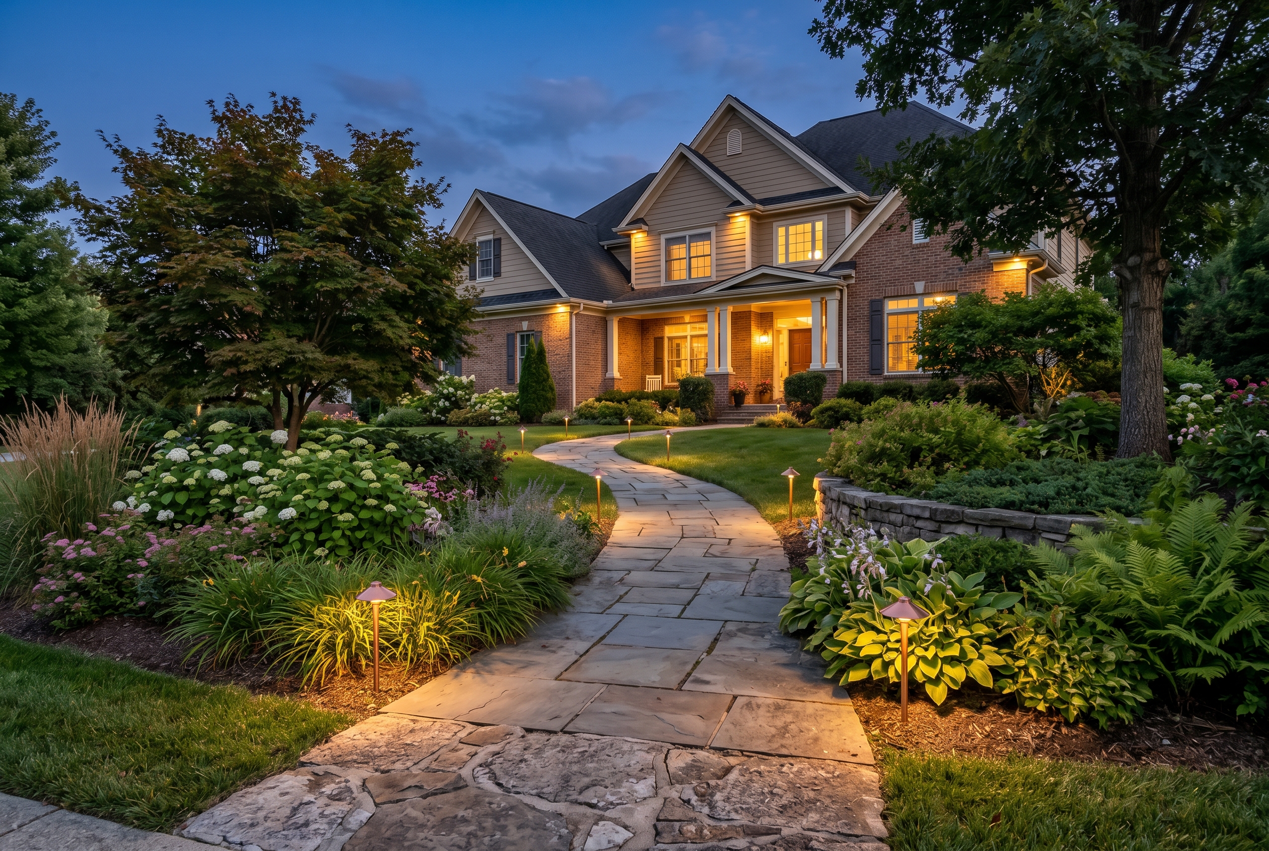 Outdoor path lights glowing unevenly along a long landscaped walkway at dusk