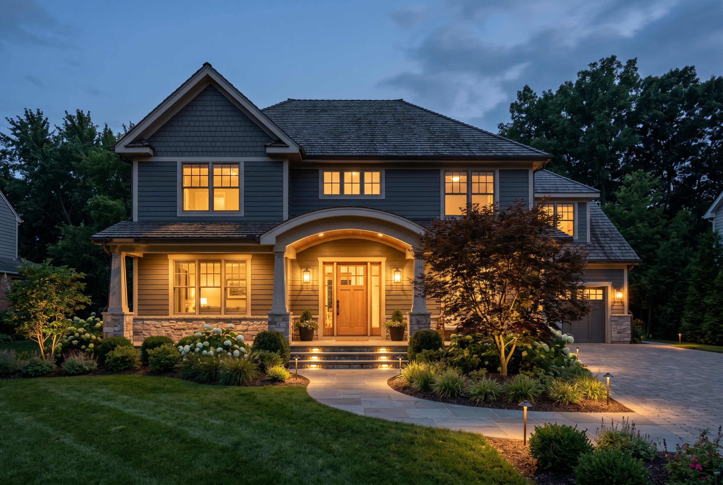 Side-by-side style outdoor scene showing inviting warm lighting on a home exterior